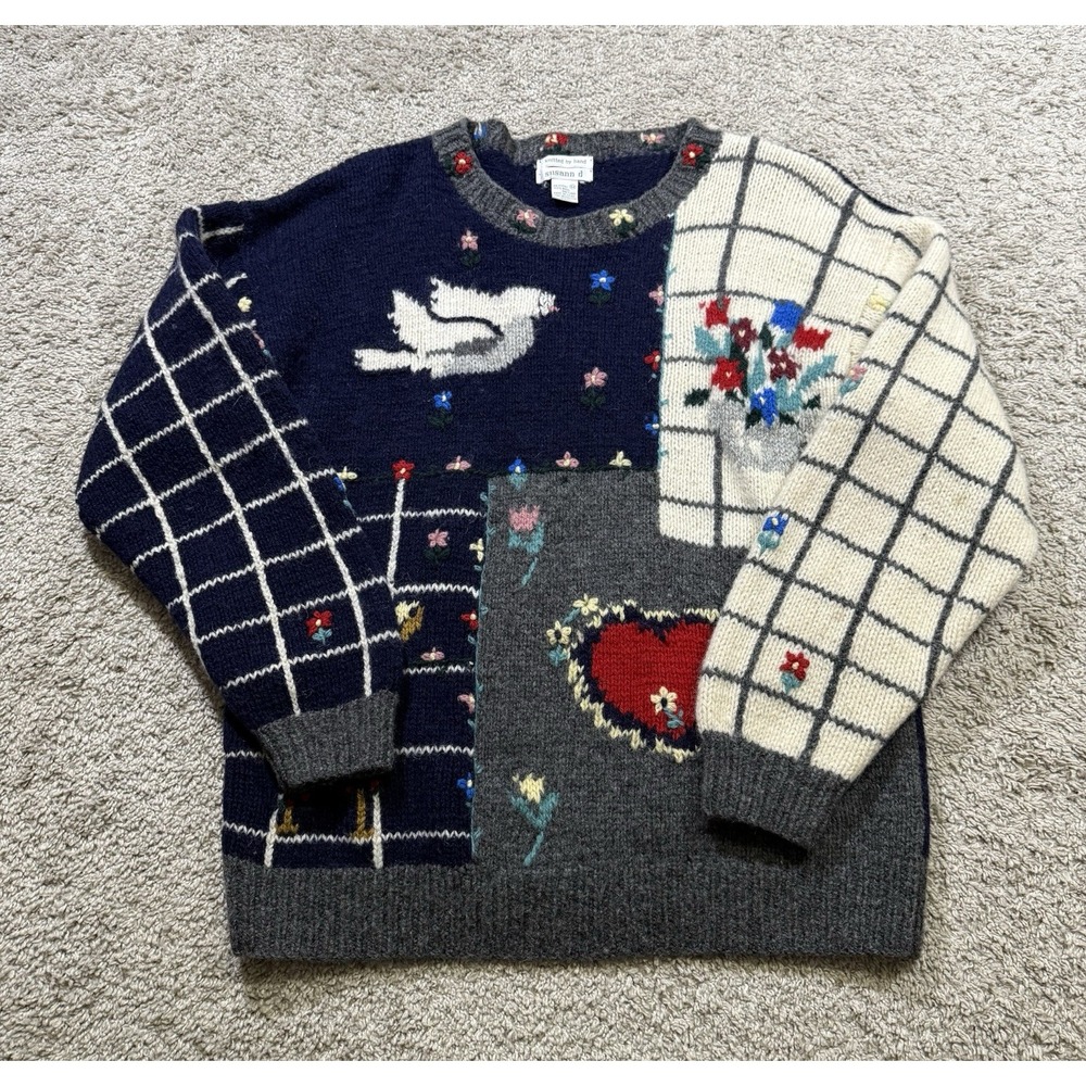 Vtg Susann D Christmas Sweater‎ Red Ivory 100% Holiday Grandmacore Knit Wool M